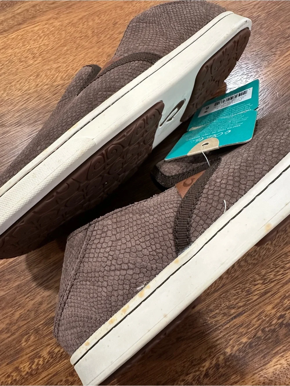 Olukai Pehuea Leather Dk Java Slip On ‘Clay Snake’ Sneakers  Womens Sz 6 BNWT DS